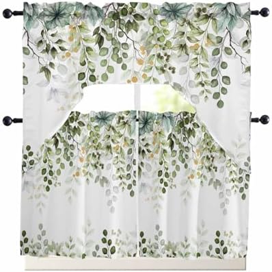 Sage Green Eucalyptus Leaf Curtain Set with Swag Valance and Tiers