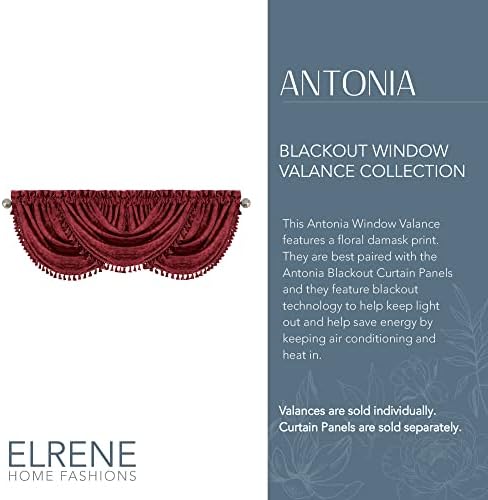 Elrene Antonia Floral Damask Window Valance with Tassels 52x36 Rouge