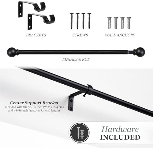 Kenney Chelsea Ball End Window Curtain Rod Black 48-86 Inch Adjustable