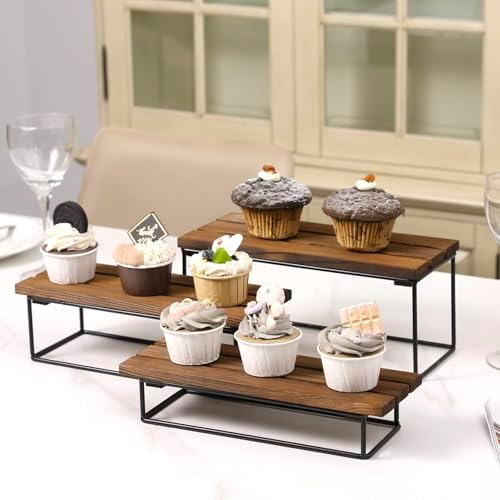 MyGift 3-Tier Rustic Burnt Wood Display Riser Stand