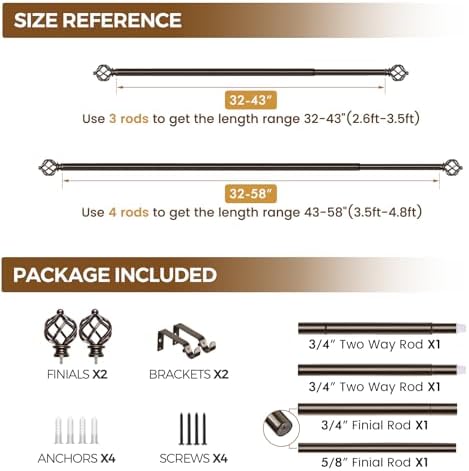 KAMANINA Bronze Curtain Rod 32-58 Inch Adjustable Single Rod