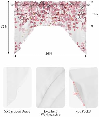 Pink Eucalyptus Swag Valance for Kitchen Window 56x36 Inch