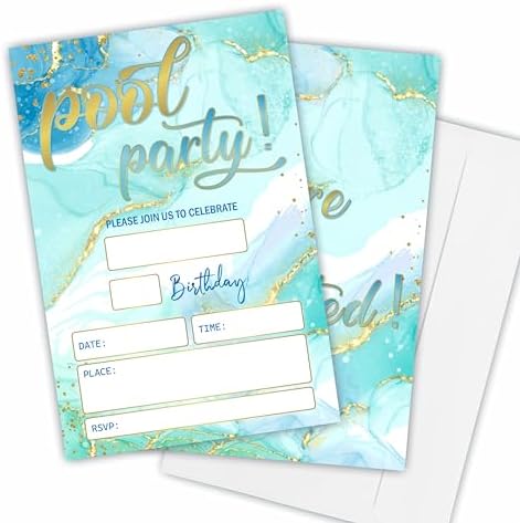 Pool Party Birthday Invitations 4x6 Gold Blue Double Sided