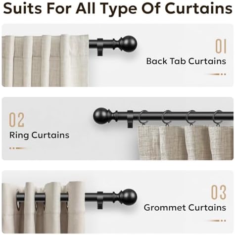 Zeerobee 1 Inch Heavy Duty Black Curtain Rods 66-120