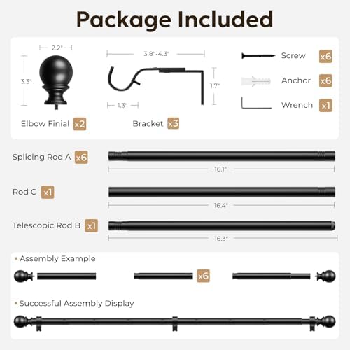 Zeerobee 1 Inch Heavy Duty Black Curtain Rods 66-120
