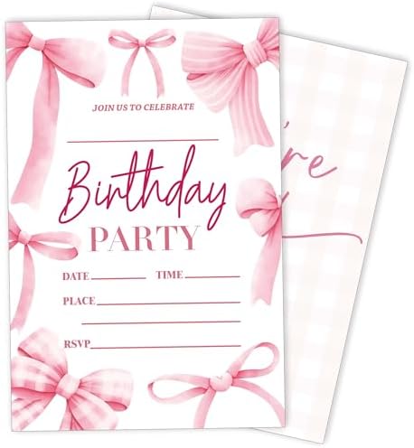 Eronm 20 Pack Pink Bow Birthday Invitations with Envelopes