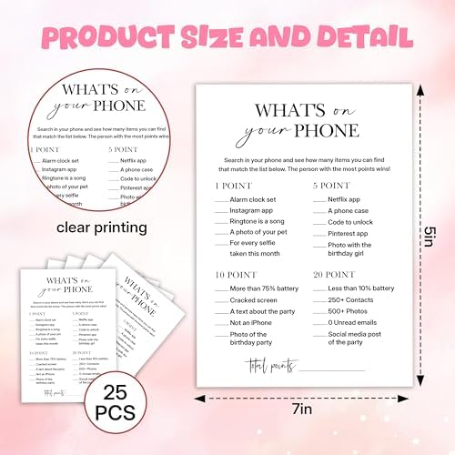 Birthday Party Games Whats on Your Phone 25 Pcs Card Set