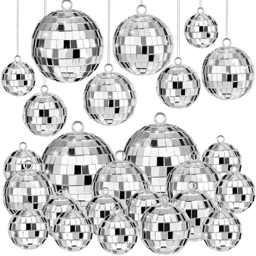 JOERSH 20 Pcs Silver Hanging Mirror Disco Balls with Rope