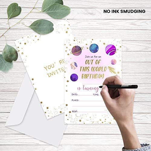 Universe Space Birthday Invitations Set 20 Cards with Envelopes Pink Gold Galaxy Design