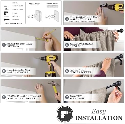 Kenney Chelsea Ball End Window Curtain Rod Black 48-86 Inch Adjustable