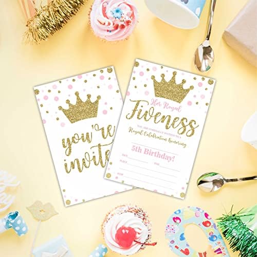Royal Fifth Birthday Invitations Gold Crown Fill-In Cards 20 Pieces