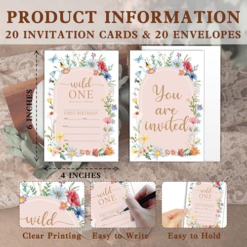 Wildflower Birthday Invitations 20Pcs 4x6 Fill-In Cards for Kids Party Supplies