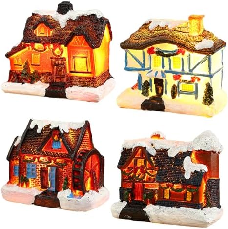 Keebgyy 4 Pack Light-Up Christmas Village Houses