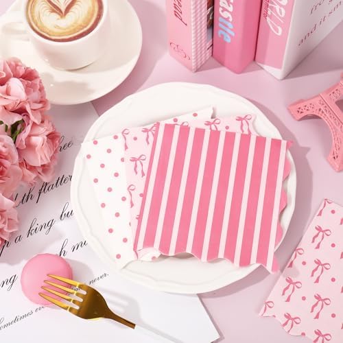 75 Pcs Pink Bow Scalloped Cocktail Napkins for Parties