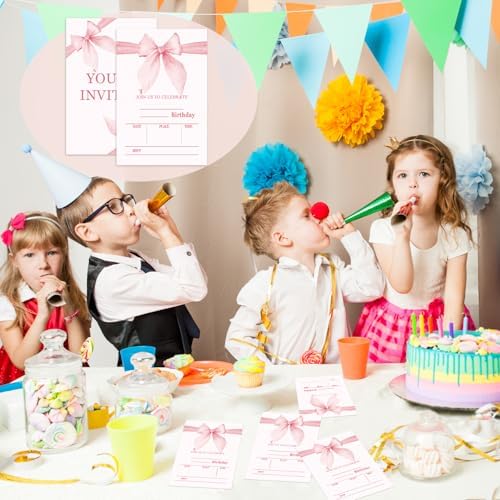 Bow Pink Birthday Invitations With Envelopes 20 Pack
