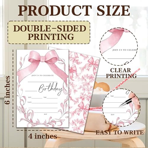 Pink Bow Birthday Invitations with Envelopes