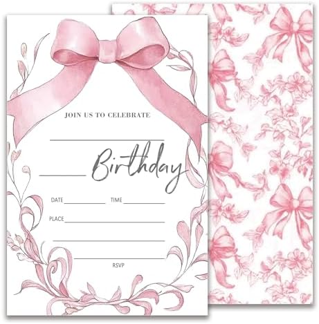 Pink Bow Birthday Invitations with Envelopes