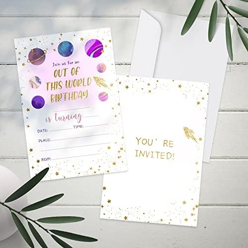 Universe Space Birthday Invitations Set 20 Cards with Envelopes Pink Gold Galaxy Design