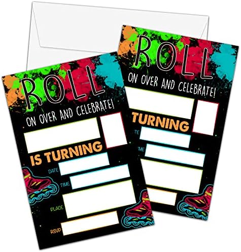Ziiufurn Neon Glow Roller Skating Birthday Invitations With Envelopes 4x6 20 Sets