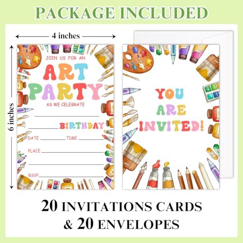 Art Party Invitations with Envelopes for 20 Guests