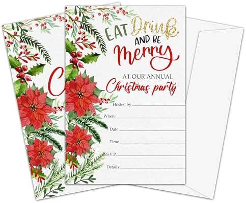 Christmas Party Invitations with Envelops - 25 Cards Set