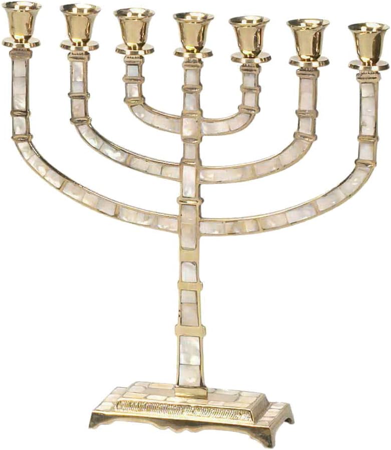 Seven Branch Brass Menorah with Mother of Pearl Inlay