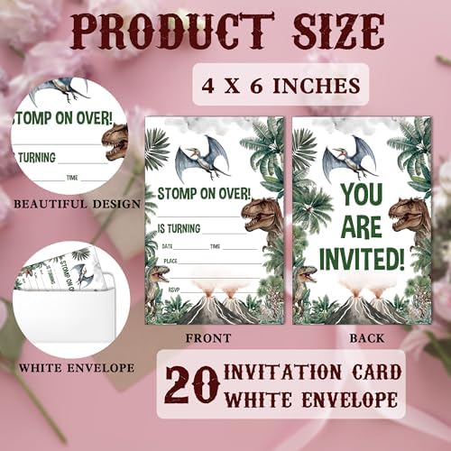 SIXEIGHT Dinosaur Birthday Invitations 20 Pack with Envelopes