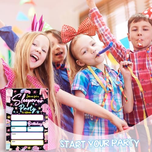 Neon Themed Sleepover Party Invitations with Envelopes
