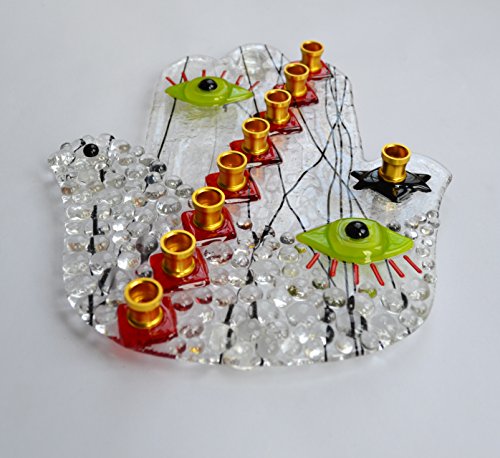 Handmade Hamsa Dove Picasso Face Glass Menorah