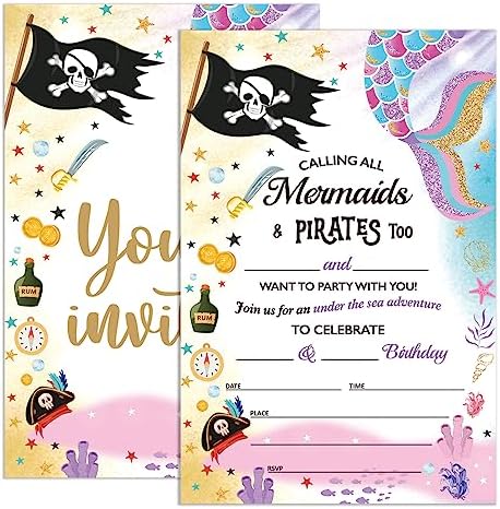Mermaid and Pirate Birthday Invitations Set of 20 4x6 with Envelopes