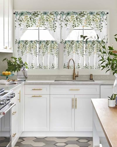 Sage Green Eucalyptus Leaf Curtain Set with Swag Valance and Tiers
