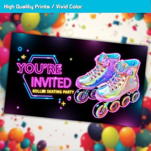 Neon Roller Skating Birthday Invitation Cards for Girls 30-Pack