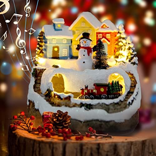 Christmas Village Musical Snow Globe Resin Figurines with 8 Music Snowman