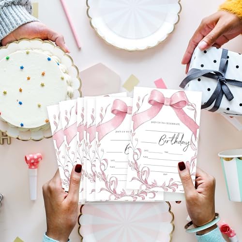 Pink Bow Birthday Invitations with Envelopes