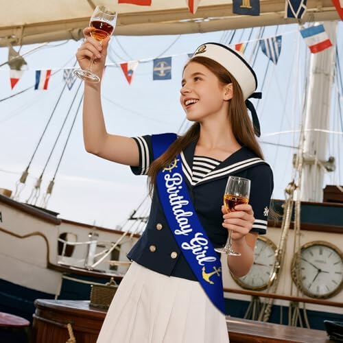 Nautical Birthday Girl Sash with Glitter Text