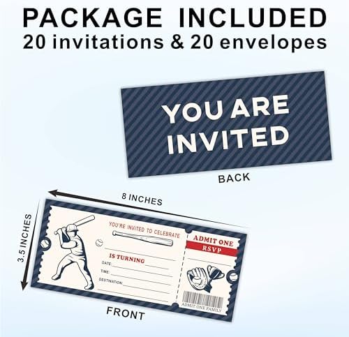 20 Baseball Birthday Invites With Envelopes
