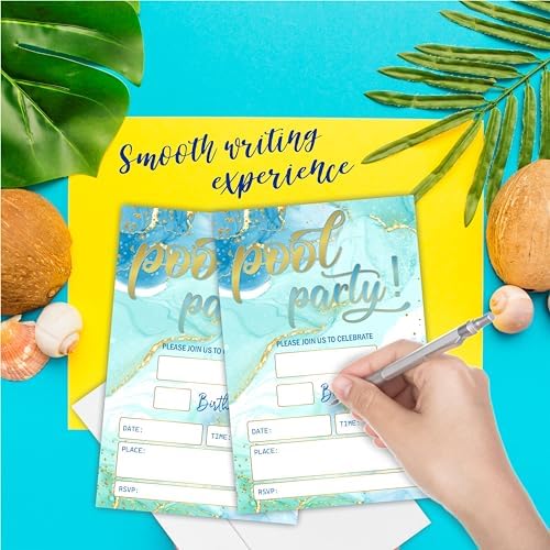 Pool Party Birthday Invitations 4x6 Gold Blue Double Sided