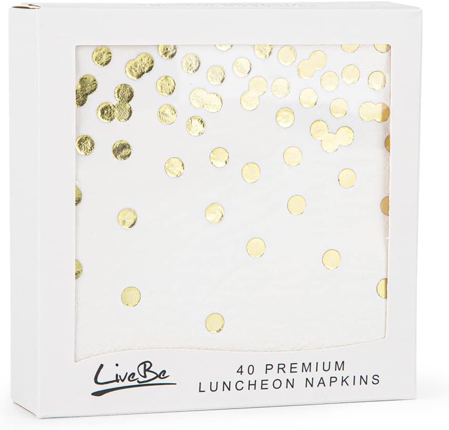 40 Pack White Paper Cocktail Napkins with Gold Foil Polka Dots