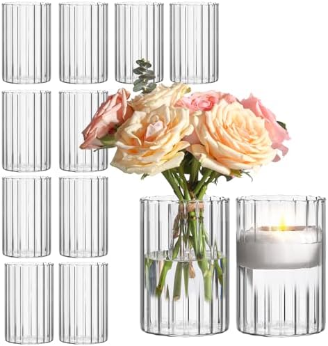 ComSaf Clear Ribbed Glass Vases Pack of 12