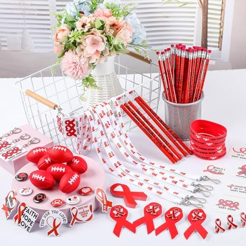 400 Pcs Red Ribbon Week Supplies with Wristbands Key Chains and Stickers