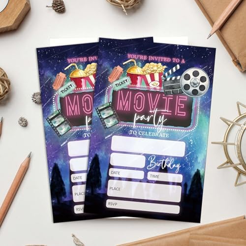 Movie Party Birthday Invitations 20 PCS 4x6 Inch with Envelopes