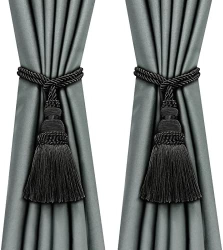 Fenghuangwu 2 Pack Curtain Tie Backs Rope Tassels Black