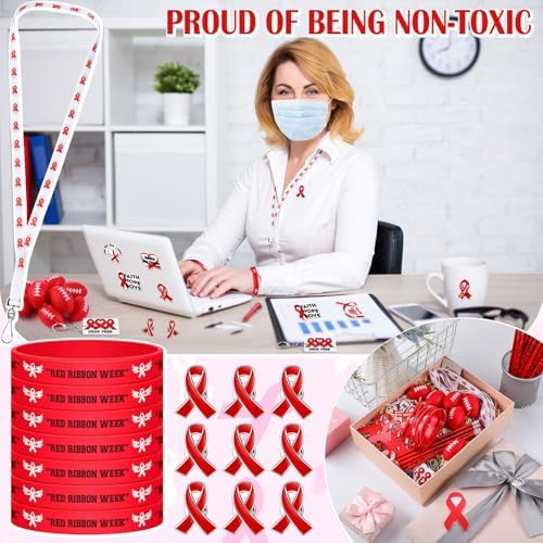 400 Pcs Red Ribbon Week Supplies with Wristbands Key Chains and Stickers