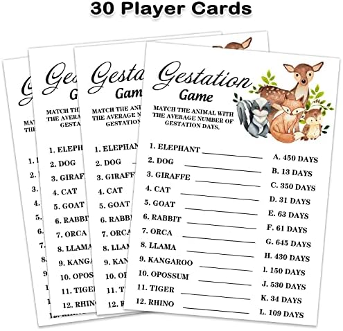 Safari Animals Gestation Game Cards for Baby Shower Party