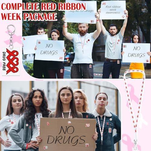 400 Pcs Red Ribbon Week Supplies with Wristbands Key Chains and Stickers