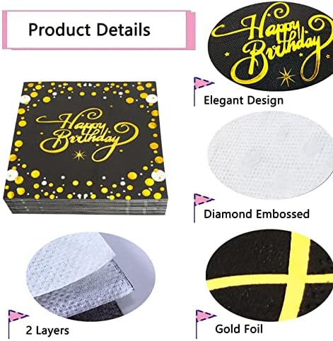 40pcs Black and Gold Birthday Napkins for Parties