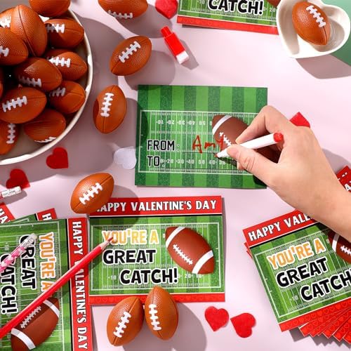 36 Pcs Kids Valentines Day Gift Cards with Foam Football Stress Balls
