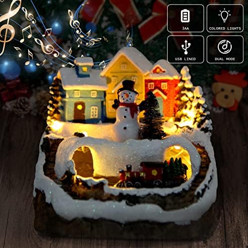 Christmas Village Musical Snow Globe Resin Figurines with 8 Music Snowman