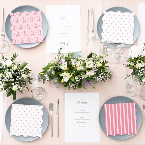 75 Pcs Pink Bow Scalloped Cocktail Napkins for Parties