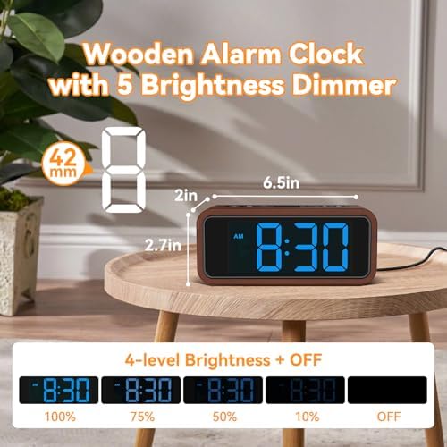 Netzu Wooden Alarm Clock with 12 Ringtones and 5 Volume Levels